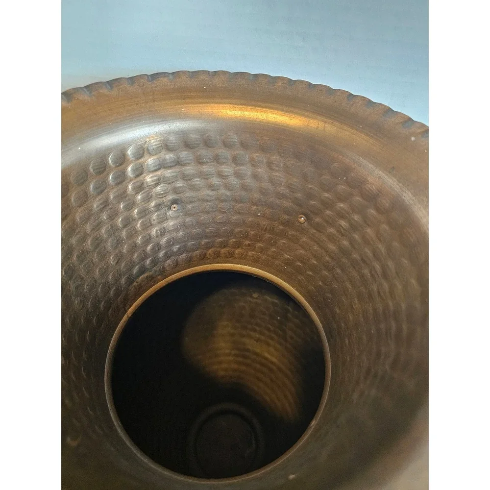 Vintage Hammered Copper Floor Vase Lion Head Ring Handles Scalloped Rim Urn 20in